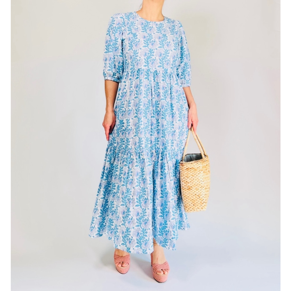 ZS BLOCKPRINTS Women's Floral Print Maxi Dress Size S Blue White - Picture 14 of 17